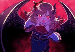 1girl aijou_karen ascot backlighting bat_wings belt black_wings blue_ascot blue_jacket blue_pants bright_pupils brown_hair buckle claw_pose commentary cowboy_shot epaulettes fangs frilled_shirt_collar frills gem gloves goe_(g-o-e) gold_trim hair_between_eyes hair_ornament hands_up high_collar highres jacket leaning_forward leg_up long_sleeves looking_at_viewer multicolored_ascot multicolored_clothes multicolored_neckwear multicolored_pants official_alternate_costume open_mouth pants red_ascot red_background red_eyes red_gemstone red_pants shirt short_hair shoujo_kageki_revue_starlight shoujo_kageki_revue_starlight_-re_live- sleeve_cuffs solo standing standing_on_one_leg striped_ascot striped_neckwear swept_bangs teeth thigh_gap two_side_up upper_teeth_only v-shaped_eyebrows vampire white_gloves white_pupils white_shirt wings