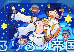 1girl 3boys :d alien_costume belt black_hair blue_background blue_eyes blue_sandals blunt_bangs blush bodysuit brown_hair chibi commentary_request full_body futsuu_no_keion-bu grey_bodysuit group_name hairpods high_collar highres holding holding_star jacket leg_warmers long_sleeves majima_ruri makita_sohei multiple_boys name_tag nishiyama_kanji official_alternate_costume open_mouth orange_belt orange_jacket otehaik round_eyewear ruri_ruri_empire_(futsuu_no_keion-bu) sandals shindo_alan shorts slides smile socks star_(symbol) twitter_username white_jacket white_leg_warmers white_shorts white_socks