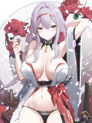 1girl aokihoshi arm_behind_head arm_up armpits bare_shoulders black_panties blush bow breasts breasts_apart choko_(cup) collarbone commentary_request cup falling_petals flower goddess_of_victory:_nikke gold_trim grey_hair hair_between_eyes hair_intakes hairband hand_up hexagon highres holding holding_cup honeycomb_(pattern) ichigeki-kun japanese_clothes katana kimono lace lace-trimmed_panties lace_trim large_breasts long_hair looking_at_viewer nail_polish navel official_alternate_costume panties parted_lips petals red_bow red_eyes red_flower red_nails red_rose rose scarlet_(black_shadow)_(longing_flower)_(nikke) scarlet_(black_shadow)_(nikke) scarlet_(nikke) sheath sidelocks sitting solo stomach striped_clothes striped_panties sword tassel thighs tokkuri two-sided_fabric underwear very_long_hair weapon white_background white_kimono wide_sleeves