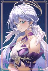 1girl absurdres aqua_eyes character_name closed_mouth detached_sleeves dress earrings face_jewel floating_hair gloves hair_between_eyes halo hand_on_own_chest head_wings highres honkai:_star_rail honkai_(series) jewel_under_eye jewelry long_hair looking_at_viewer purple_background robin_(honkai:_star_rail) seina_106 simple_background smile solo two-tone_dress upper_body white_dress white_gloves wings
