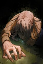 1other absurdres ambiguous_gender arm_rest brown_shirt commentary_request crying dutch_angle etri_(0o0oo) fingernails glint grey_hair highres indoors key long_hair long_shirt lying on_floor on_stomach original outstretched_hand shirt solo tenebrism tile_floor tiles