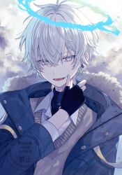 1boy aqua_halo black_gloves blue_jacket cloud cloudy_sky english_text fingerless_gloves gloves grey_eyes grey_hair grey_vest halo highres jacket male_focus muon open_mouth original shirt short_hair sky smile solo teeth vest watermark white_shirt