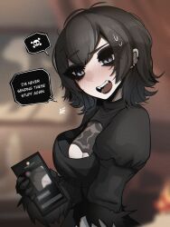 1girl 1other 2b_(nier:automata) 2b_(nier:automata)_(cosplay) absurdres black_hair blush breasts censored cleavage cleavage_cutout clothing_cutout cosplay earrings english_text fangs grey_eyes heart highres holding holding_phone hotel_transylvania jewelry mavis_dracula medium_hair mikuneki mosaic_censoring nier:automata nier_(series) phone raised_eyebrow skull_and_crossbones spoken_emoji sweatdrop text_messaging