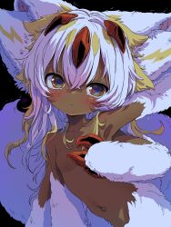 1girl :&lt; absurdres animal_ears black_background blonde_hair body_fur breasts claws closed_mouth commentary_request crossed_bangs dark-skinned_female dark_skin expressionless extra_arms faputa fewer_digits hair_between_eyes highres long_hair looking_at_viewer made_in_abyss multicolored_hair multiple_tails narehate navel no_nipples purple_pupils sekaineko_001 small_breasts solo stomach tail two-tone_hair white_fur white_hair yellow_eyes