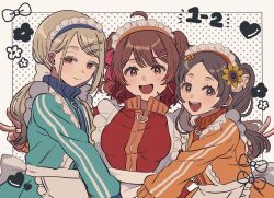 3girls alternate_costume apron blush border bow commentary_request double_v earrings enmaided gakuen_idolmaster green_jacket hanami_ume heart highres idolmaster jacket jersey_maid jewelry kuramoto_china long_sleeves looking_at_viewer maid maid_apron maid_headdress multiple_girls orange_jacket polka_dot polka_dot_background red_jacket shinosawa_hiro smile stud_earrings track_jacket unconventional_maid upper_body v white_border yureru_300