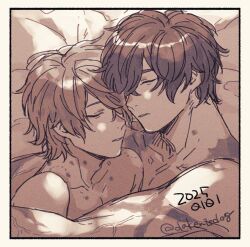 2boys adam&#039;s_apple bed border closed_eyes collarbone commentary_request dakenisdog greyscale hickey highres lighter_(zenless_zone_zero) lying male_focus monochrome multiple_boys nude on_side parted_bangs parted_lips pillow scar scar_on_arm short_hair sleeping white_border wise_(zenless_zone_zero) yaoi zenless_zone_zero