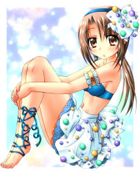 10s 1girl :o ankle_ribbon arm_garter barefoot blush brown_eyes brown_hair crop_top female_focus hairband hiramatsu_taeko hugging_own_legs kore_wa_zombie_desu_ka? leg_ribbon long_hair navel ribbon sachiko skirt solo star_(symbol) twintails