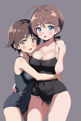 2girls absurdres ahoge black_one-piece_swimsuit blue_eyes blue_one-piece_swimsuit blush breasts brown_eyes brown_hair cleavage collarbone covered_navel grey_background hand_on_another&#039;s_waist highres hug large_breasts looking_at_viewer lynette_bishop miyafuji_yoshika multiple_girls one-piece_swimsuit open_mouth simple_background small_breasts strike_witches swimsuit world_witches_series yoshilyne_marriage_promotion_association yuri