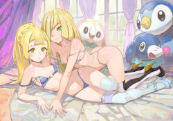 2girls all_fours alternate_costume ass bikini blonde_hair blue_bikini blue_shoes breasts character_doll closed_mouth collarbone commentary_request curtains day doll double_strap_slip eyelashes eyeshadow gen_4_pokemon gen_7_pokemon green_eyes high_heels indoors lillie_(pokemon) long_hair looking_down lusamine_(pokemon) makeup mother_and_daughter multiple_girls nintendo piplup pokemon pokemon_sm popplio rowlet shoes smile swimsuit thighhighs window yugen99