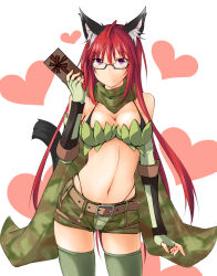 1girl animal_ear_fluff animal_ears belt black-framed_eyewear blush box bra_strap breasts brown_belt camouflage camouflage_scarf camouflage_shorts cat_ears cat_girl cleavage closed_mouth commentary_request cowboy_shot elbow_gloves fingerless_gloves gift gift_box glasses gloves green_gloves green_scarf green_shorts green_thighhighs green_tube_top heart heart_background highleg highleg_panties holding holding_gift kaminagi_(kaminagi-tei) large_breasts long_hair looking_at_viewer navel panties purple_eyes ragnarok_online ranger_(ragnarok_online) scarf shorts simple_background smile solo strapless thighhighs tube_top underwear valentine very_long_hair white_background