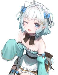1girl ahoge bare_shoulders black_bow black_bowtie blue_bow blue_eyes bow bowtie breasts cauli character_name collarbone detached_collar detached_sleeves dress fang green_dress green_hair hair_bow hair_intakes hair_ornament heart heart_in_eye indie_virtual_youtuber long_sleeves looking_at_viewer maid_headdress medium_hair mint_fantome mint_fantome_(minto_2.0) one_eye_closed open_mouth pointy_ears sidelocks single_thighhigh sitting sleeves_past_fingers sleeves_past_wrists small_breasts solo symbol_in_eye teeth thigh_strap thighhighs transparent_background two_side_up upper_teeth_only virtual_youtuber white_hair white_thighhighs x_hair_ornament