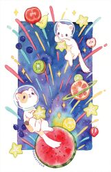 Rule 34 | animal, animal focus, blueberry, calico (pattern), calico cat, cat, fluff, food, fruit, helmet, highres, kiwi (fruit), lemon, no humans, onedayfour, open mouth, orange (fruit), original, painting (medium), pear, planet, space, space helmet, star (sky), starfruit, strawberry, traditional media, watercolor (medium), watermelon, white cat