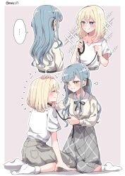 ... 2girls bang_dream! bang_dream!_it&#039;s_mygo!!!!! black_ribbon blue_hair closed_eyes closed_mouth collar commentary grey_shirt hair_ribbon headpat highres holding holding_collar holding_weapon long_hair long_sleeves misumi_uika multiple_girls neck_ribbon ribbon rousei shirt short_sleeves sidelocks sleeveless sparkle spoken_ellipsis togawa_sakiko twitter_username weapon white_shirt yellow_eyes yuri