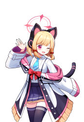 1girl ;d \||/ absurdres animal_ear_headphones animal_ears aqua_necktie black_coat black_skirt black_tail black_thighhighs blonde_hair blue_archive blunt_bangs blunt_ends blush bow buttons cat_ear_headphones cat_ears cat_tail chinese_commentary coat collared_shirt commentary_request cowboy_shot dress_shirt fake_animal_ears fake_tail fang frilled_coat frilled_skirt frills hair_bow halo hand_up headphones highres long_sleeves looking_at_viewer low-tied_sidelocks miniskirt momoi_(blue_archive) multicolored_coat necktie off_shoulder one_eye_closed open_mouth parted_bangs pink_coat pink_eyes pink_halo pleated_skirt red_bow school_uniform shirt shirt_tucked_in short_hair short_necktie sidelocks simple_background single_sleeve_past_fingers skin_fang skirt smile solo suspender_skirt suspenders tail thighhighs two-sided_coat two-sided_fabric unbuttoned v-shaped_eyebrows white_background white_coat white_shirt wide_sleeves wuyin zettai_ryouiki