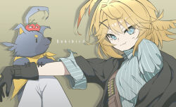 1girl ammunition_belt aqua_eyes bandana black_jacket blonde_hair character_name closed_mouth dog dokibird dokibird_(bounty_hunter) dokibird_(tomato) eyelashes fang grey_pants grey_shirt indie_virtual_youtuber jacket kinuge_mouse pants shirt skin_fang solo striped_clothes striped_shirt virtual_youtuber yellow_bandana