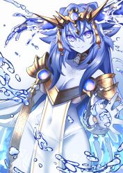 Rule 34 | 1girl, absurdres, blue eyes, blue hair, blue skin, breasts, cleavage cutout, clothing cutout, colored skin, contrapposto, covered navel, dominus impulse, duel monster, highres, looking at viewer, medium breasts, noagen, pelvic curtain, pointy ears, shoulder pads, smile, solo, tiara, water, water drop, yu-gi-oh!