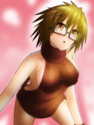 Rule 34 | 1girl, artist request, aussa (yu-gi-oh!), aussa the earth charmer, breasts, brown hair, duel monster, female focus, glasses, meme attire, open mouth, orange eyes, pink background, short hair, sideboob, solo, triangle mouth, virgin killer sweater, yu-gi-oh!
