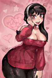 1girl bare_shoulders black_hair black_pantyhose breasts cleavage commentary english_commentary hairband hand_on_own_face heart heart_background highres large_breasts open_mouth pantyhose pink_background red_eyes red_sweater saiykik short_hair_with_long_locks smile solo spy_x_family sweater teeth upper_teeth_only white_hairband yor_briar