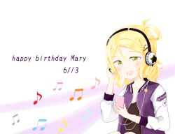 1girl 2019 artist_name artist_request black_shirt blonde_hair blush braid crown_braid digital_media_player female_focus hair_ornament hair_rings headphones highres holding ipod jacket looking_at_viewer love_live! love_live!_school_idol_festival love_live!_sunshine!! music ohara_mari purple_jacket shirt short_hair smile solo star_(symbol) symbol white_background yellow_eyes