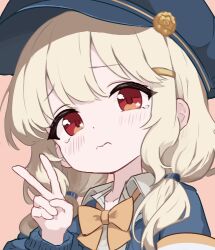 1girl aoba_(blue_archive) blonde_hair blue_archive blue_hat blush bow cabbie_hat dot_nose frown hat long_hair long_sleeves looking_at_viewer low_twintails orange_bow pink_background portrait raised_eyebrows red_eyes rns simple_background solo tearing_up tears twintails wavy_mouth