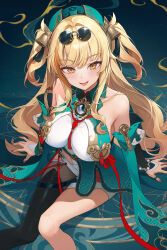 Rule 34 | 1girl, absurdres, bare shoulders, bell, black-framed eyewear, black thighhighs, blonde hair, breasts, china dress, chinese clothes, commentary, detached sleeves, dress, eyewear on head, hair bell, hair ornament, highres, honkai (series), honkai impact 3rd, long hair, looking at viewer, nail polish, pink nails, single thighhigh, solo, songque, songque (jovial deception: shadowdimmer), symbol-only commentary, thighhighs, tongue, tongue out, ttosom, two side up, yellow eyes
