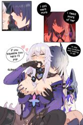 2girls absurdres acheron_(honkai:_star_rail) bare_shoulders black_gloves black_swan_(honkai:_star_rail) blush breasts coat couple detached_sleeves dress elbow_gloves english_text french_kiss gloves grabbing_another&#039;s_breast grabbing_from_behind groping hair_spread_out highres honkai:_star_rail honkai_(series) kiss large_breasts long_hair multiple_girls nipple_stimulation nipples pantyhose purple_dress purple_eyes purple_gloves purple_hair purple_sleeves purple_veil single_wide_sleeve sleepy_kaslana veil very_long_hair white_coat yellow_eyes yuri