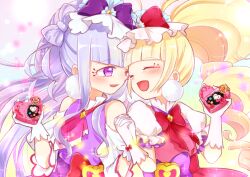 Rule 34 | 2girls, ^ ^, aihira (aihira12), aisaki emiru, apron, ascot, bag bow, bare shoulders, blonde hair, blue hat, blunt bangs, bow, bow-shaped hair, bowtie, closed eyes, clothing cutout, collared shirt, colorful background, corset, cowboy shot, crying, crying with eyes open, cure amour, cure macherie, diamond brooch, dress, drill hair, earrings, frilled apron, frilled headwear, frilled shirt collar, frilled sleeves, frills, gloves, happy, happy tears, hat, hat bow, high collar, holding, holding hands, holding toy, hugtto! precure, interlocked fingers, jewelry, large earrings, light blush, light particles, long hair, looking at another, magical girl, makeup, mascara, mini hat, multiple girls, open mouth, pinafore dress, pink ascot, pink bow, pink gloves, pom pom (clothes), pom pom earrings, precure, puffy short sleeves, puffy sleeves, purple bow, purple dress, purple eyes, purple hair, red bow, red bowtie, red corset, red dress, ruru amour, shirt, short sleeves, shoulder cutout, sleeveless, sleeveless dress, smile, sparkle, tareme, teardrop, tears, toy, twin drills, twintails, very long hair, waist bag, white gloves, white shirt, wrist bow, yellow bag, yellow brooch