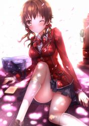 10s 1girl :o bad_id bad_pixiv_id bag blazer blush bow bowtie bread bread_slice brown_eyes brown_hair convenient_leg dappled_sunlight female_focus fire_hydrant food guilty_crown hair_bow highres jacket kneehighs loafers long_hair long_legs looking_at_viewer menjou_hare on_floor one_eye_closed open_mouth petals pleated_skirt school_bag school_uniform shade shoes short_hair sitting skirt socks solo sunlight swordsouls toast twintails white_socks wink