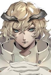 1boy blonde_hair closed_mouth coat eyelashes gloves green_eyes hair_between_eyes highres horns interlocked_fingers long_hair louis_(metaphor:_refantazio) male_focus metaphor:_refantazio pertex_777 portrait simple_background solo white_background white_coat white_gloves