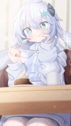 +_+ 1girl :t ahoge alternate_costume animal_ears blue_eyes blue_jacket blurry blurry_background blush cake closed_mouth coffee_mug cup depth_of_field eating food food_on_face fork grey_hair hair_between_eyes hair_ornament hand_on_own_cheek hand_on_own_face highres holding holding_fork indoors jacket long_sleeves looking_at_viewer mug neige_(vrchat) rabbit_ears satoh_vrc short_hair shorts sitting snowflake_hair_ornament solo sparkle star_(symbol) symbol-shaped_pupils table vrchat white_hair