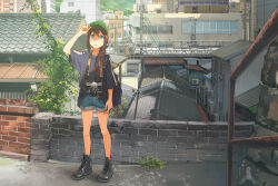 1girl adjusting_clothes adjusting_headwear ankle_boots arm_at_side backpack bag bare_legs baseball_cap black_boots black_shirt blue_eyes blue_shorts blush boots braid brown_hair building camera camera_around_neck city commentary_request condenser_unit day denim denim_shorts full_body green_hat hair_between_eyes hair_over_shoulder hand_up hat kantai_collection kusakabe_(kusakabeworks) lace-up_boots long_hair looking_at_viewer open_mouth outdoors oversized_clothes oversized_shirt power_lines shigure_(kancolle) shirt short_shorts short_sleeves shorts single_braid solo standing three-quarter_sleeves tree utility_pole