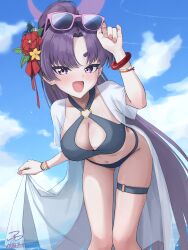 1girl absurdres adjusting_eyewear artist_name bent_over bikini blue_archive blue_sky blush breasts cleavage commentary_request criss-cross_halter day eyewear_on_head fang feet_out_of_frame flower hair_flower hair_ornament halterneck highres large_breasts long_hair looking_at_viewer narita_fuyu o-ring o-ring_bikini o-ring_thigh_strap o-ring_top open_mouth outdoors parted_bangs pink-framed_eyewear ponytail purple_eyes purple_hair signature skin_fang sky smile solo sunglasses swimsuit thick_eyebrows thigh_strap tsurime very_long_hair yukari_(blue_archive) yukari_(swimsuit)_(blue_archive)