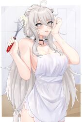 1girl animal_ear_fluff animal_ear_piercing animal_ears apron black_nails breasts cleavage collarbone commentary cream cream_on_face earclip english_commentary food food_on_face grey_eyes grey_hair highres holding holding_whisk hololive kuroyamii large_breasts lion_ears lion_girl lion_tail long_hair long_sidelocks looking_at_viewer low_twintails nail_polish naked_apron shishiro_botan sidelocks solo tail tongue tongue_out twintails very_long_hair virtual_youtuber whip whipped_cream whisk white_apron