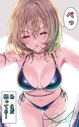 1girl :p alternate_costume armpits bikini black_bikini blush breasts choker closed_eyes collarbone commentary_request facing_viewer green_hair heart heart_o-ring highres idolmaster idolmaster_cinderella_girls koya_(koya_x_00) large_breasts mole mole_under_eye narration navel o-ring o-ring_bikini o-ring_choker side-tie_bikini_bottom signature solo stomach string_bikini swimsuit takagaki_kaede thigh_gap tongue tongue_out