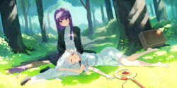 Rule 34 | 2girls, :3, = =, absurdres, barefoot, black cloak, black shoes, blunt bangs, blush, bush, cloak, closed eyes, closed mouth, commentary, damcheong, day, dress, elf, feet, fern (sousou no frieren), forest, frieren, grass, grey hair, headpat, highres, lap pillow, light rays, long hair, long pointy ears, long sleeves, looking at another, lying, mage staff, multiple girls, nature, on side, open cloak, open clothes, outdoors, parted bangs, pointy ears, purple eyes, purple hair, shoes, short eyebrows, short sleeves, sitting, smile, sousou no frieren, sunbeam, sundress, sunlight, toes, tree, very long hair, white dress, yokozuwari