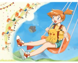 1girl :d asymmetrical_hair balloon blue_eyes blue_shorts blush cloud confetti day denim denim_shorts eyelashes gen_1_pokemon grass green_shorts gym_leader happy highres holding makoto_(majime_5416) misty_(pokemon) nintendo open_mouth orange_hair outdoors pikachu pokemon pokemon_(anime) pokemon_(classic_anime) pokemon_rgby ponyta ponytail riding shirt shoes short_hair short_shorts shorts side_ponytail sitting sky sleeveless sleeveless_shirt smile sneakers suspender_shorts suspenders swing tank_top tongue yellow_shirt