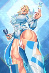 1girl blonde_hair blue_eyes blue_lips blue_nails breasts choker cup diamond_(gemstone) diamond_earrings earrings emma_frost heart highres holding holding_cup jewelry large_breasts leotard looking_at_viewer marvel marvel_rivals minh_pham navel short_hair smile solo superhero_costume thick_thighs thighs x-men