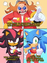 3girls ;p ? absurdres anger_vein black_fur blue_fur bra breasts censored chest_fur crossed_arms eggma&#039;am english_text genderswap genderswap_(mtf) glasses gloves green_eyes hand_on_own_hip hedgehog_girl highres jacket leggings middle_finger multiple_girls nikkikaji one_eye_closed open_mouth pointing puff_of_air raised_eyebrow red_bra red_eyes red_fur red_jacket red_leggings round_eyewear shadow_the_hedgehog snapcube sonic_(series) sonic_adventure_2 sonic_the_hedgehog star_(symbol) subtitled tongue tongue_out underwear white_gloves