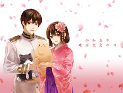 1boy 1girl animal axis_powers_hetalia brown_eyes brown_hair cat dog floral_print floral_print_kimono holding holding_animal japan_(female)_(hetalia) japan_(hetalia) japanese_clothes kimono long_hair looking_at_viewer military_uniform pink_kimono print_kimono purple_skirt qlx_(2399001) short_hair skirt smile wide_sleeves