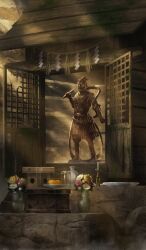 architecture brown_theme candle candlestand commentary east_asian_architecture fate/grand_order fate_(series) flower food fruit lasengle light_rays moss no_humans official_art orange_(fruit) outdoors plate scenery shide statue still_life sunbeam sunlight third-party_source vase