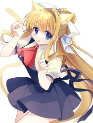 1girl :o air_(visual_novel) animal_ears ascot back_ribbon black_dress black_ribbon blonde_hair blue_eyes cat_ears cat_tail cross_brooch dress fang hair_between_eyes hair_ribbon highres kamio_misuzu kemonomimi_mode kotame_(mimokuji) leaning_forward long_hair looking_at_viewer open_mouth paw_pose ponytail puffy_short_sleeves puffy_sleeves red_ascot ribbon school_uniform shirt short_sleeves sidelocks simple_background single_hair_intake skin_fang solo tail upper_body very_long_hair white_background white_ribbon white_shirt