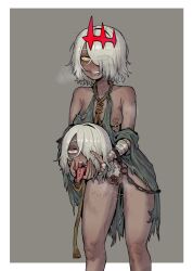 1girl absurdres bandaged_arm bandages bare_shoulders body_writing breasts commentary dark-skinned_female dark_skin ebonyxh english_commentary ero_guro eyes_visible_through_hair female_pubic_hair grey_background grey_hair grin guro highres medium_breasts messy_hair nipple_piercing nipple_rings nipples noose open_mouth oral_invitation original piercing pubic_hair pussy pussy_juice pussy_piercing rags ringed_eyes rope_around_neck saliva scar scar_across_eye scar_on_face severed_head short_hair simple_background smile solaria_(ebonyxh) solo steaming_body sweat teeth tongue tongue_out tongue_piercing uncensored very_sweaty white_background yellow_eyes