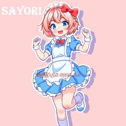 Rule 34 | 1girl, alternate costume, apron, arms up, blue dress, blue eyes, bow, bowtie, character name, chinese commentary, clenched hands, commentary request, dated, doki doki literature club, dress, fang, foot out of frame, frilled apron, frilled dress, frills, hair bow, hair intakes, kneehighs, leg up, looking at viewer, maid headdress, mary janes, mitsuju shok, oekaki, open mouth, outline, pink background, pink hair, red bow, red bowtie, sayori (doki doki literature club), shoes, short hair, short sleeves, simple background, smile, socks, solo, standing, standing on one leg, white apron, white outline, white shoes, white socks, white wrist cuffs, wrist cuffs