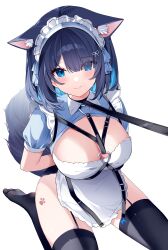 1girl absurdres animal_ear_fluff animal_ears apron arms_behind_back between_breasts black_thighhighs blue_dress blue_eyes blue_hair blush breasts cat_ears cat_girl cat_tail chest_harness cleavage collared_dress colored_inner_hair commentary_request dress duchi0356 eyes_visible_through_hair frilled_apron frilled_dress frilled_hairband frills from_above garter_straps hair_between_eyes hair_ornament hairband harness heart heart_o-ring highres large_breasts leash looking_at_viewer maid maid_apron maid_headdress multicolored_hair o-ring original paw_print paw_print_pattern seiza short_hair simple_background sitting solo strap tail thighhighs thighs white_apron white_background