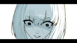 1girl arknights close-up crying highres kal&#039;tsit_(arknights) letterboxed lower_teeth_only monochrome open_mouth scared short_hair simple_background solo sweat teasmacker teeth white_background