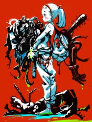 1girl backpack bag baggy_pants bandaid barefoot baseball_bat cable carrying carrying_under_arm disembodied_hand earrings fuwata gloves headband high_contrast highres jewelry junk charm_(object) leather leather_gloves looking_to_the_side loose_wires mechanical_arms nail_art oil original pants ponytail red_background red_headband simple_background single_mechanical_arm stitches stuffed_animal stuffed_toy teddy_bear wire