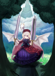 Rule 34 | 1girl, absurdres, black dress, demon girl, demon horns, demon wings, dress, drill hair, dual wielding, emil chronicle online, forest, frilled dress, frilled hat, frills, hat, highres, holding, horns, jakonnu, long hair, lucifero lore, nature, red dress, red hat, sword, very long hair, weapon, white hair, white wings, wings, yellow eyes