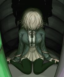 Rule 34 | 1girl, black jacket, black thighhighs, brown hair, brown skirt, commentary, danganronpa (series), danganronpa 2: goodbye despair, english commentary, hair ornament, hair over face, hairclip, highres, imminent death, jacket, kmnm 1403, long sleeves, looking down, nanami chiaki, neck ribbon, on floor, open clothes, open jacket, pink ribbon, ribbon, shadow, shirt, sitting, skirt, solo, spaceship hair ornament, spoilers, thighhighs, wariza, white shirt