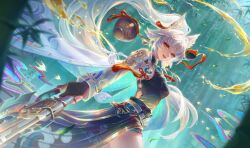 1girl animal_ear_fluff animal_ears artist_logo belt belt_buckle black_shorts blue_eyes blue_hair blue_shirt blurry blurry_foreground breasts buckle commentary cowboy_shot english_commentary eyeshadow feixiao_(honkai:_star_rail) foreshortening forest fox_ears fox_girl from_below gloves gradient_hair grey_hair grey_jacket high_ponytail honkai:_star_rail honkai_(series) jacket large_breasts logo long_hair looking_at_viewer makeup multicolored_hair nature partially_fingerless_gloves ponytail red_eyeshadow red_ribbon ribbon shirt shorts sleeveless sleeveless_shirt solo standing very_long_hair wave_print white_belt yuelycia