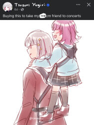 2girls black_skirt black_thighhighs blue_jacket blunt_bangs blush boots brown_boots brown_dress carrying commentary cosplay dress english_commentary english_text facebook grey_hair hair_ornament hands_on_another&#039;s_shoulders hasu_no_sora_school_uniform height_difference highres in-franchise_crossover jacket kishimen_hair link!_like!_love_live! long_sleeves love_live! love_live!_nijigasaki_high_school_idol_club medium_hair miniskirt multicolored_hair multiple_girls nijigasaki_school_uniform open_clothes open_jacket open_mouth piggyback plaid_clothes plaid_skirt pleated_skirt profile red_hair sailor_collar sailor_dress school_uniform short_hair simple_background sioneve skirt star_(symbol) star_hair_ornament streaked_hair summer_uniform tennoji_rina thighhighs twitter_username virtual_youtuber white_background white_sailor_collar winter_uniform yugiri_tsuzuri